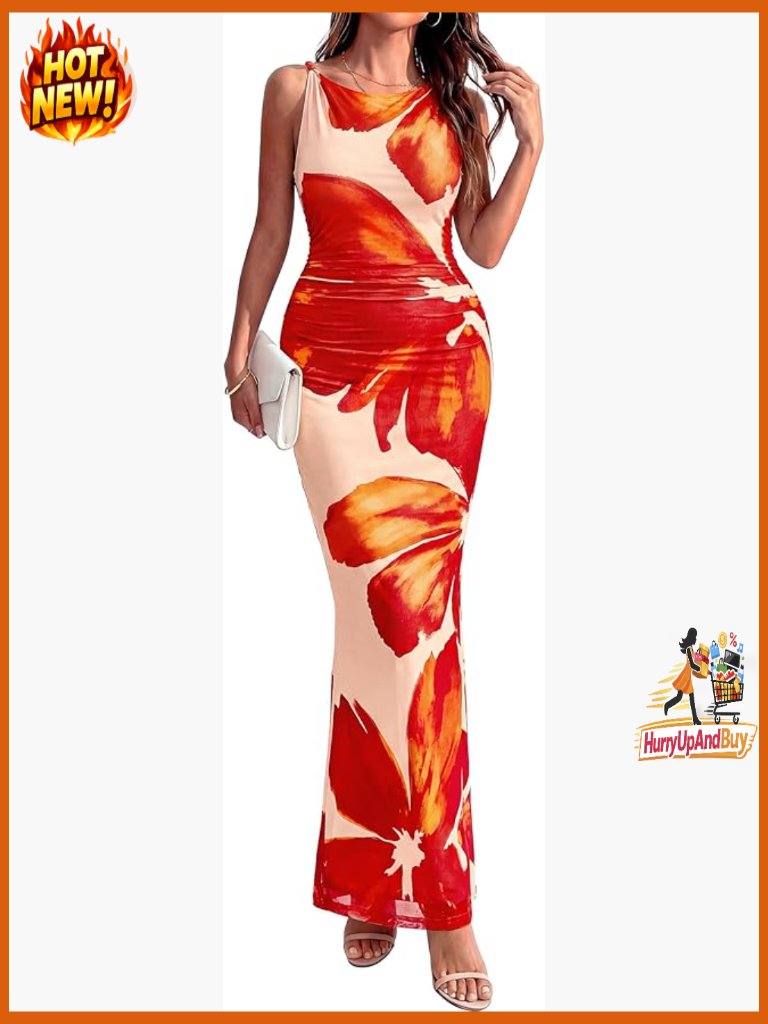 Floral Mesh Maxi Dress Elegant Twist Strap Bodycon Cocktail Party Wear